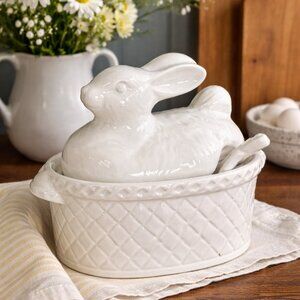 Vintage White Bunny Tureen With Ladle, Ceramic Rabbit Serving Bowl for Easter